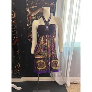 City Triangle Womens Paisley Beaded Halter Mini Dress Brown Purple Y2K Boho M